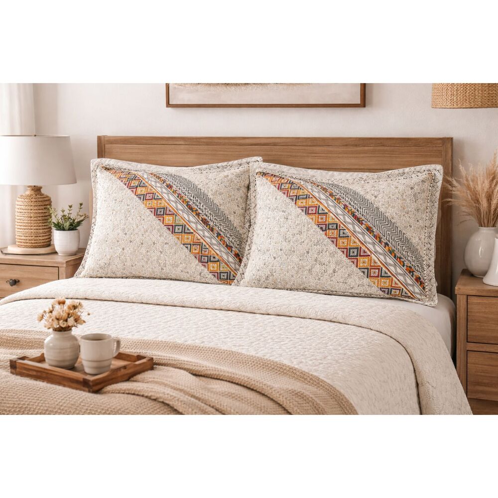 D Studio Set of 2 Quilted Pillow Shams White Multicolor Aztec Boho Cotton 20x26